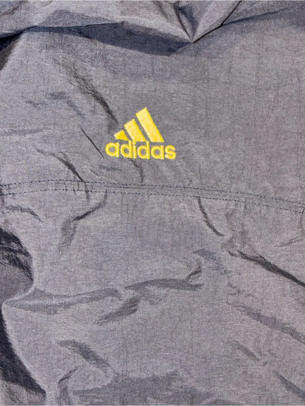 Vintage Y2K Adidas Hooded Windbreaker Jacket Navy Blue Yellow Striped Medium